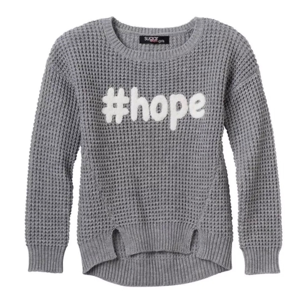 NWT Girls Gray Hope Waffle Knit Graphic Sweater Long Sleeved Size Small